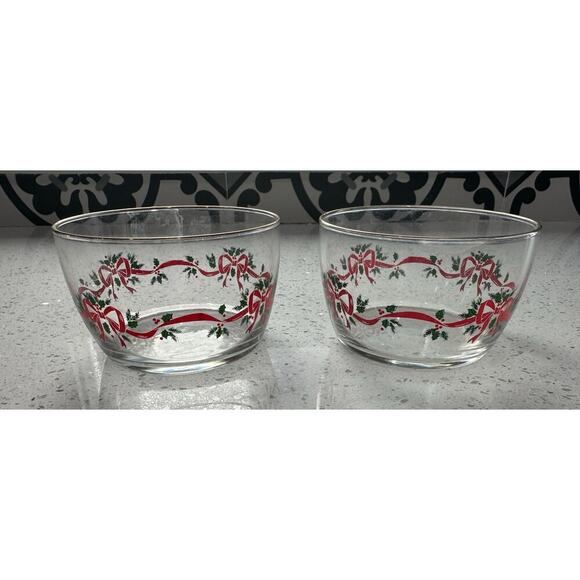 2 VTG Glass Ribbon Holly & Berry Pattern 4 1/4" Bowl w/ Gold Rim Open Candy Dish - Picture 1 of 3